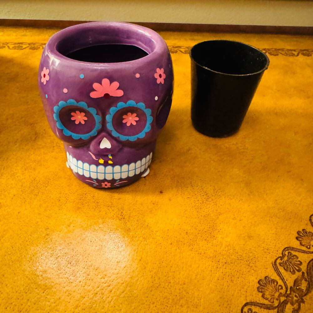 Ceramic Painted Purple Pink Skull Planter Candleholder "Day of the Dead" Collect